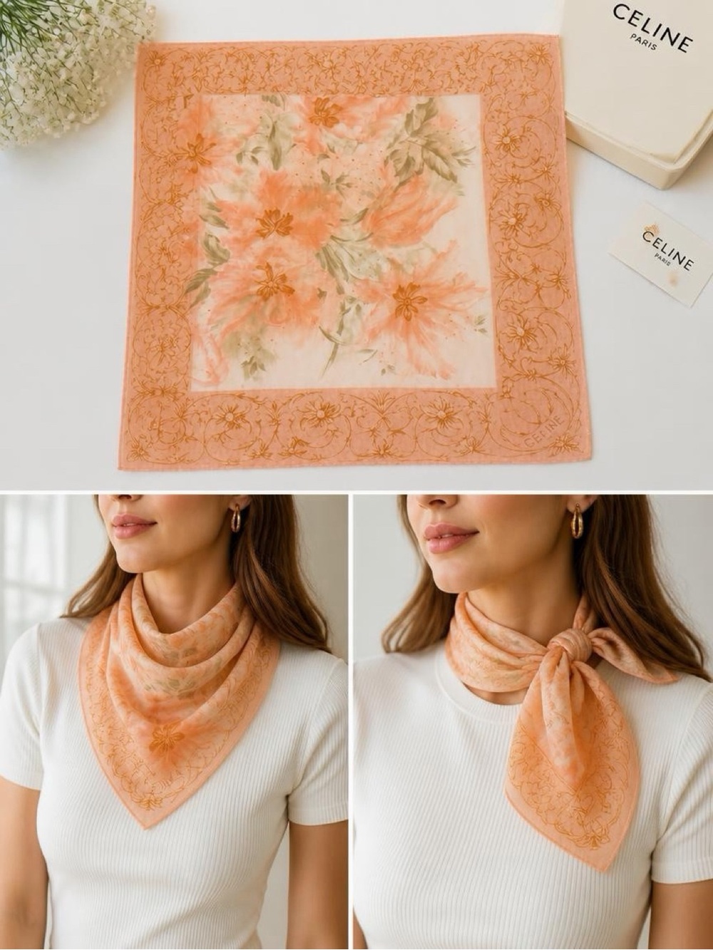 Celine Paris Floral Handkerchief Scarf 20x20 Peach Cotton Vintage